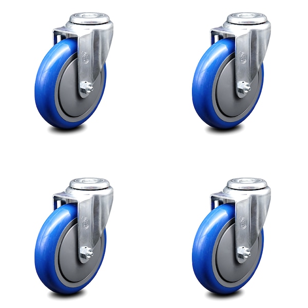 5 Inch Blue Polyurethane Wheel Swivel Bolt Hole Caster Set